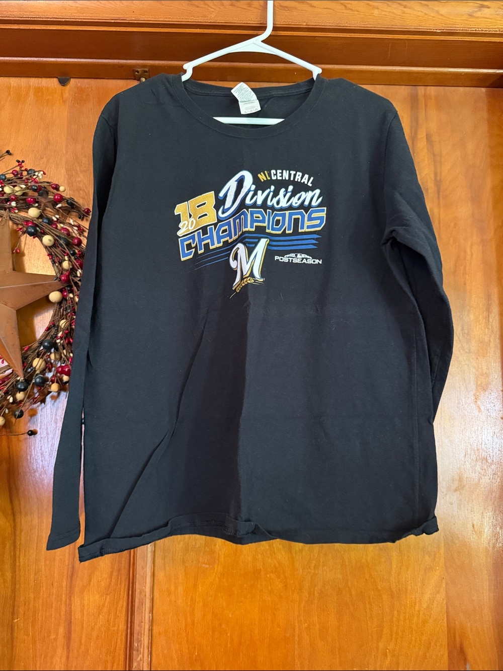 Gildan Black Long Sleeve Tee with Gold and Blue Milwaukee Brewers Graphic